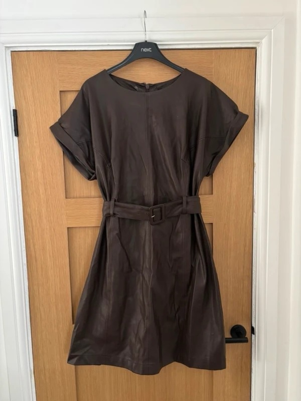 next Dark Brown Faux Leather Belted Midi Dress